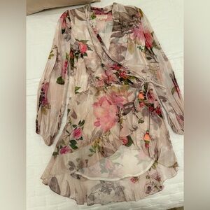 Rococo Sand Floral Dress with Pink and Green Hues